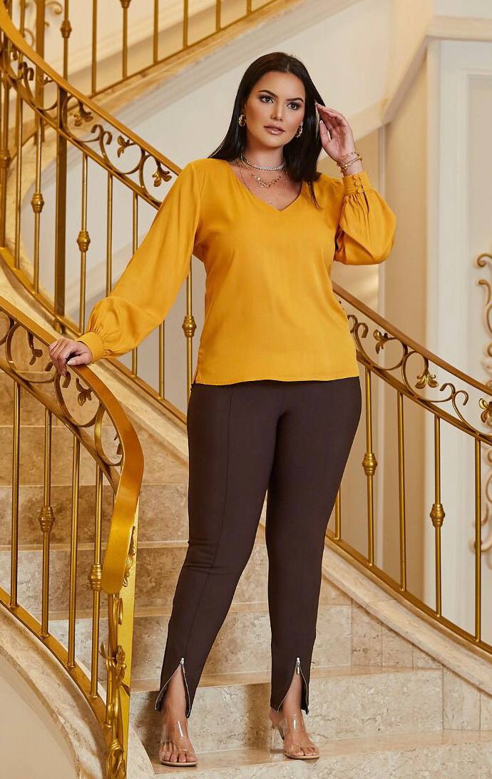 Blusa Plus Size Manga Longa Mostarda - Alicia Savannah