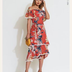 Vestido Ombro a Ombro Franjas Cora Canela - Coral