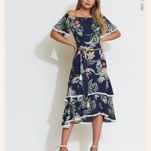 Vestido Ombro a Ombro Franjas Cora Canela - Azul Marinho