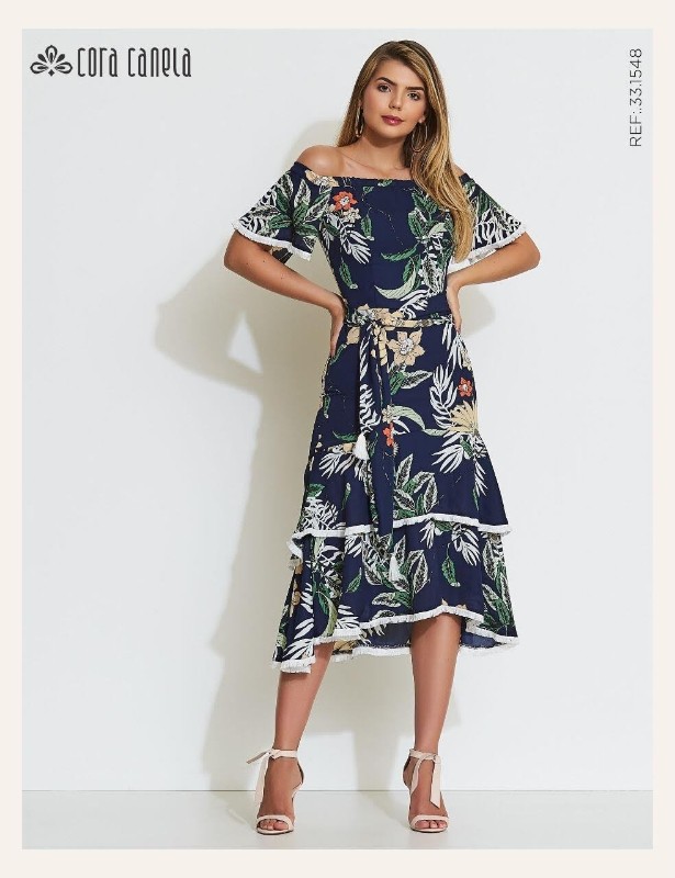 Vestido Ombro a Ombro Franjas Cora Canela - Azul Marinho