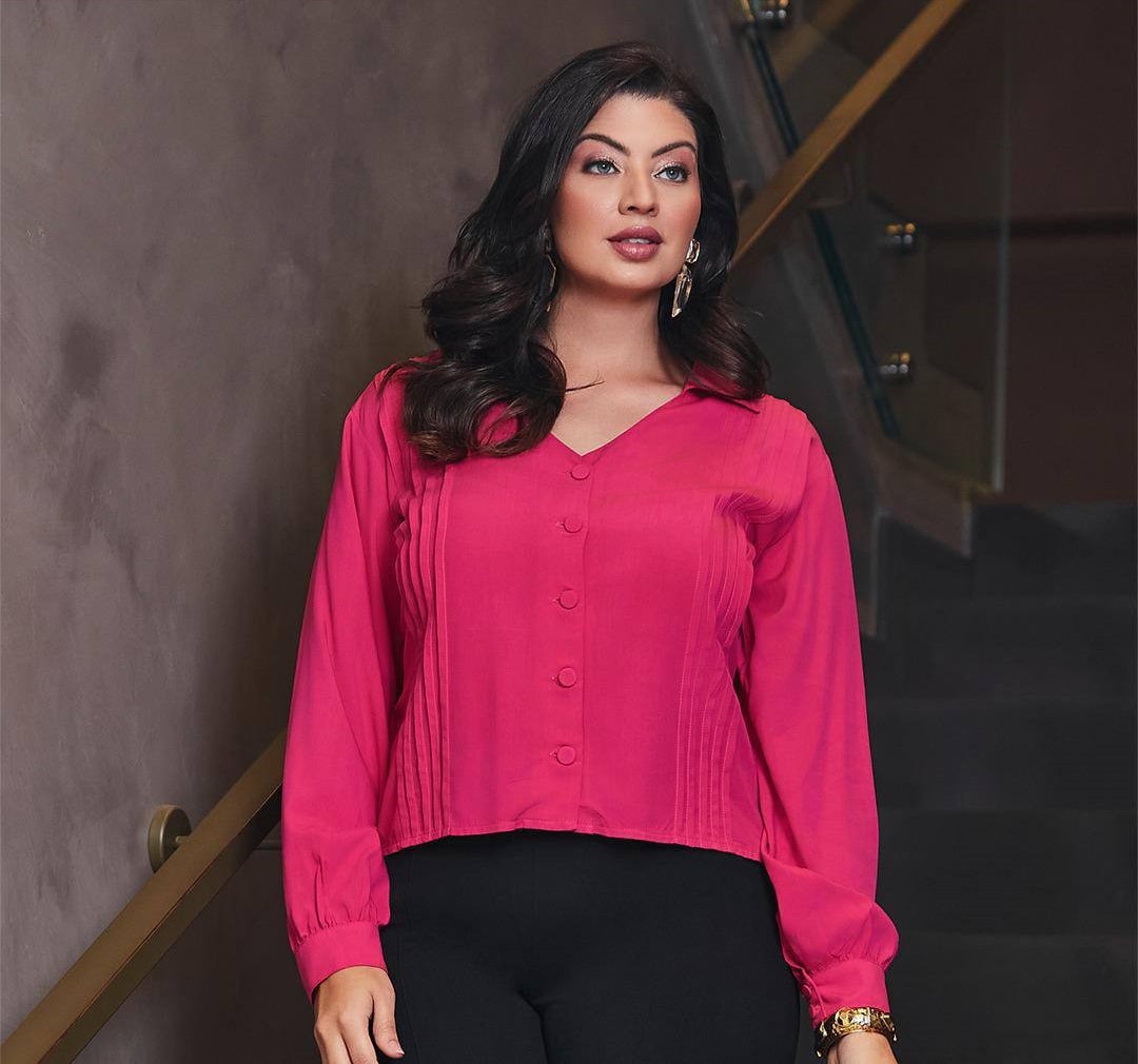 Blusa Plus Size com Nervuras Pink - Taina Savannah