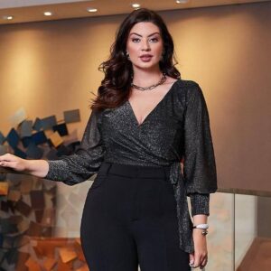 Blusa Plus Size Lurex Manga Longa - Silvia Savannah