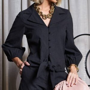 Blusa Amarração Cupro Preto Cora Canela
