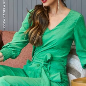Blusa Manga Cupro Lastex Verde Cora Canela