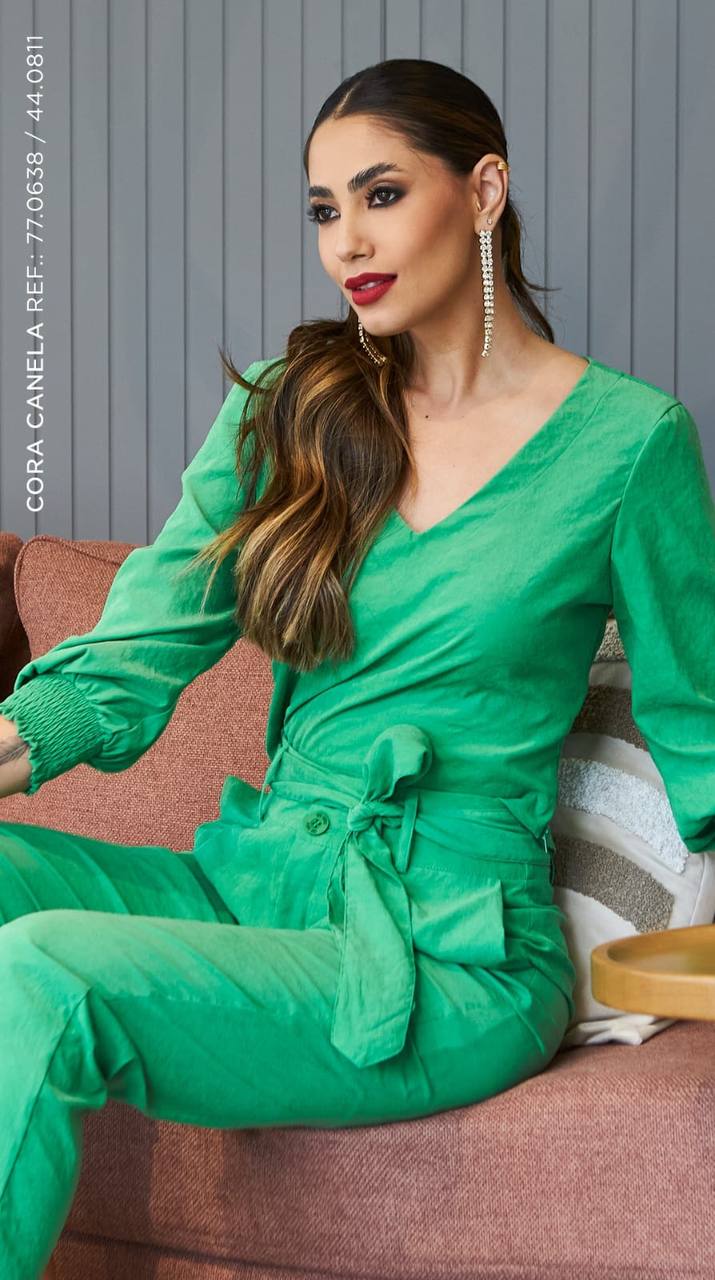 Blusa Manga Cupro Lastex Verde Cora Canela