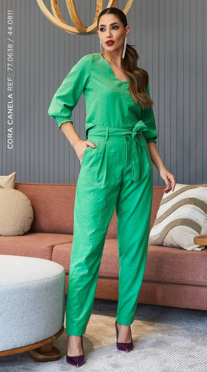 Blusa Manga Cupro Lastex Verde Cora Canela - Imagem 2