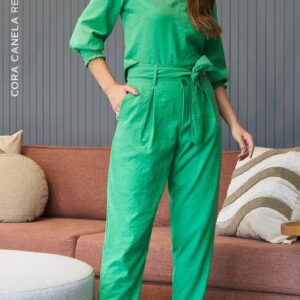 Calça Cenoura Cupro Verde Cora Canela