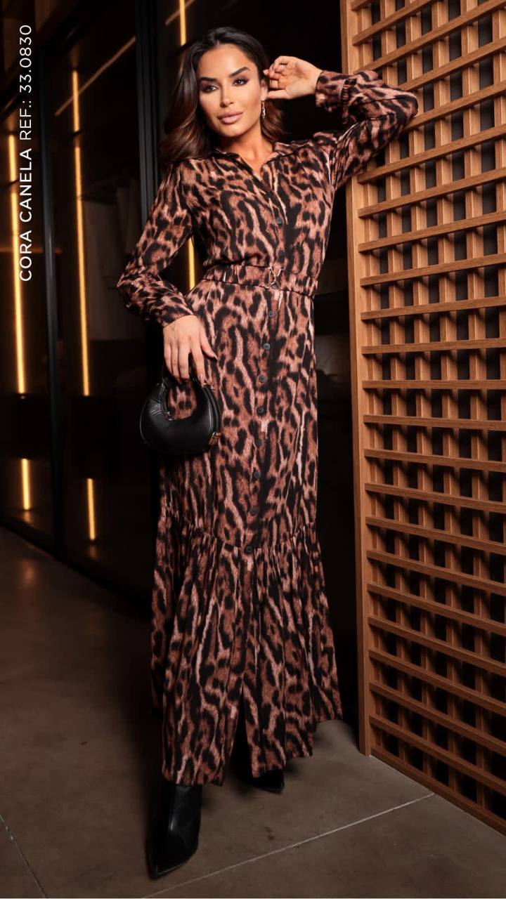Vestido Chemise Longo Onça Cora Canela