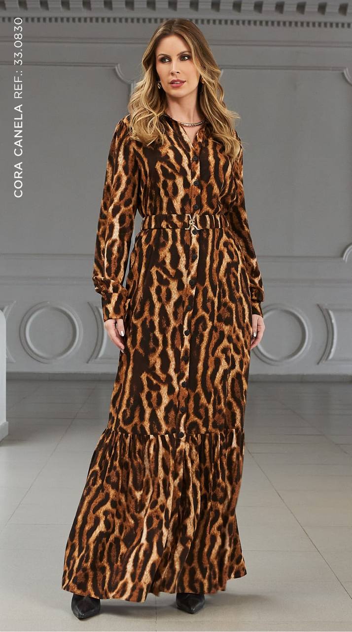 Vestido Chemise Longo Onça Cora Canela - Imagem 2