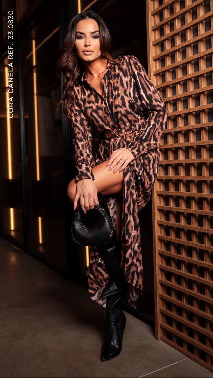 Vestido Chemise Longo Onça Cora Canela - Imagem 3