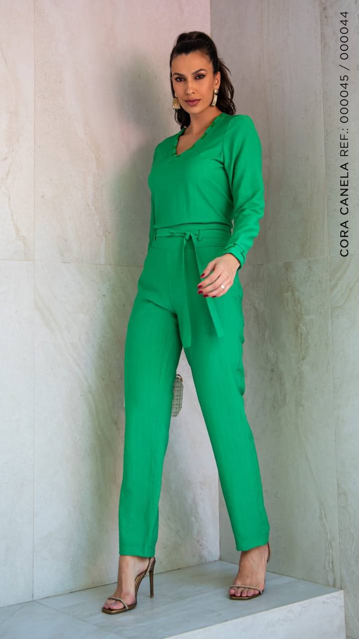 Calça Cinto Estreito Verde Cora Canela
