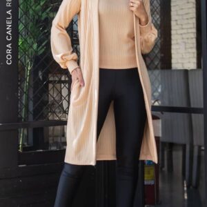 Conjunto Cardigan e T-Shirt Gola Aveia Cora Canela