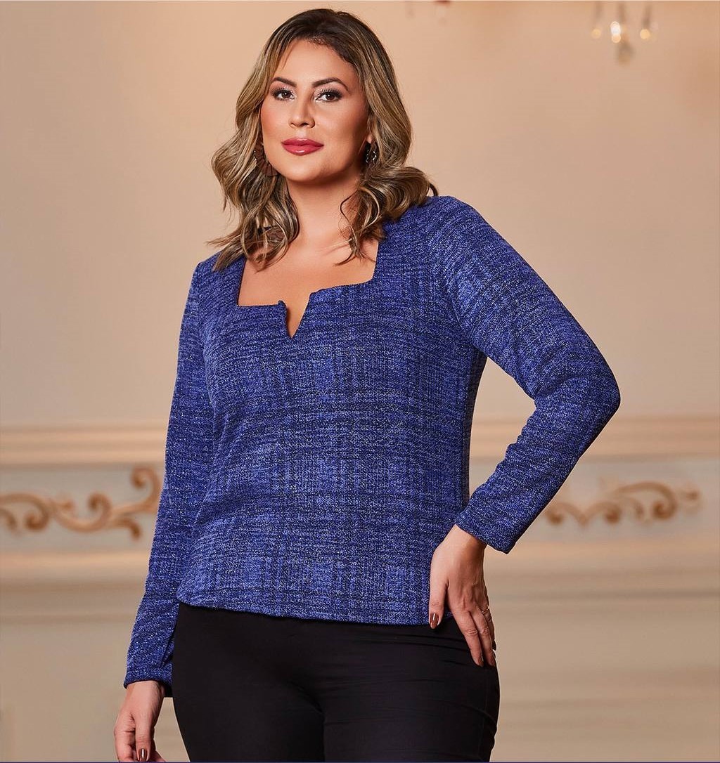 Blusa Plus Size Tricô Azul - Cinthia Savannah