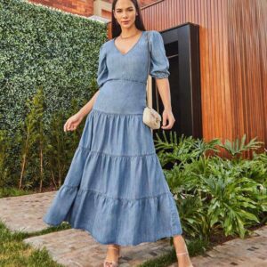 Vestido Jeans Longo com Recortes RZM
