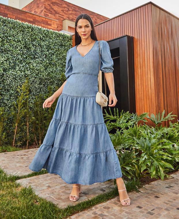 Vestido Jeans Longo com Recortes RZM