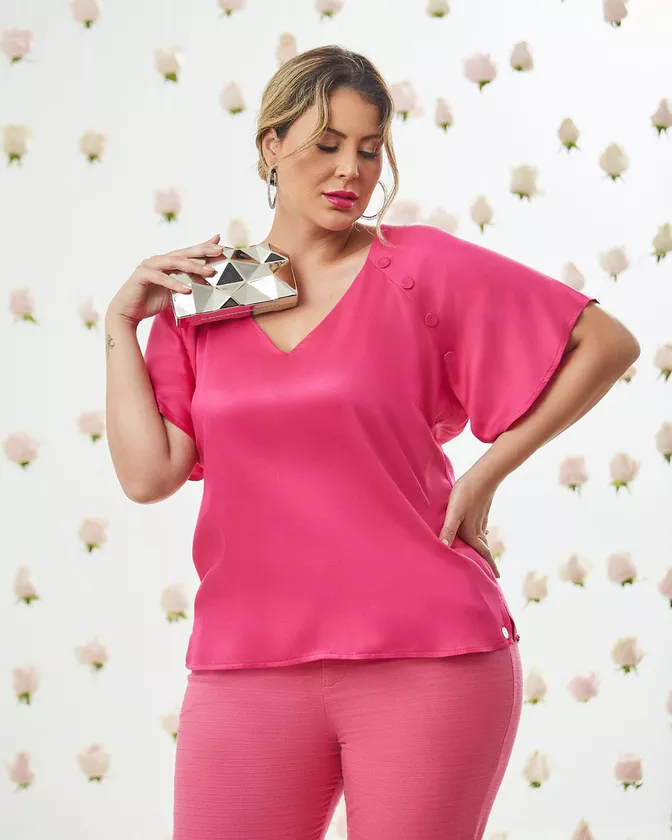 Blusa Plus Size Botões Preta - Clebiana Savannah