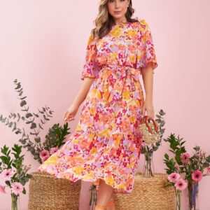 Vestido Midi Flávia Estampado Laranja e Amarelo Inicial A