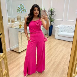 Calça Pantalona Abertura Frente Pink Cora Canela