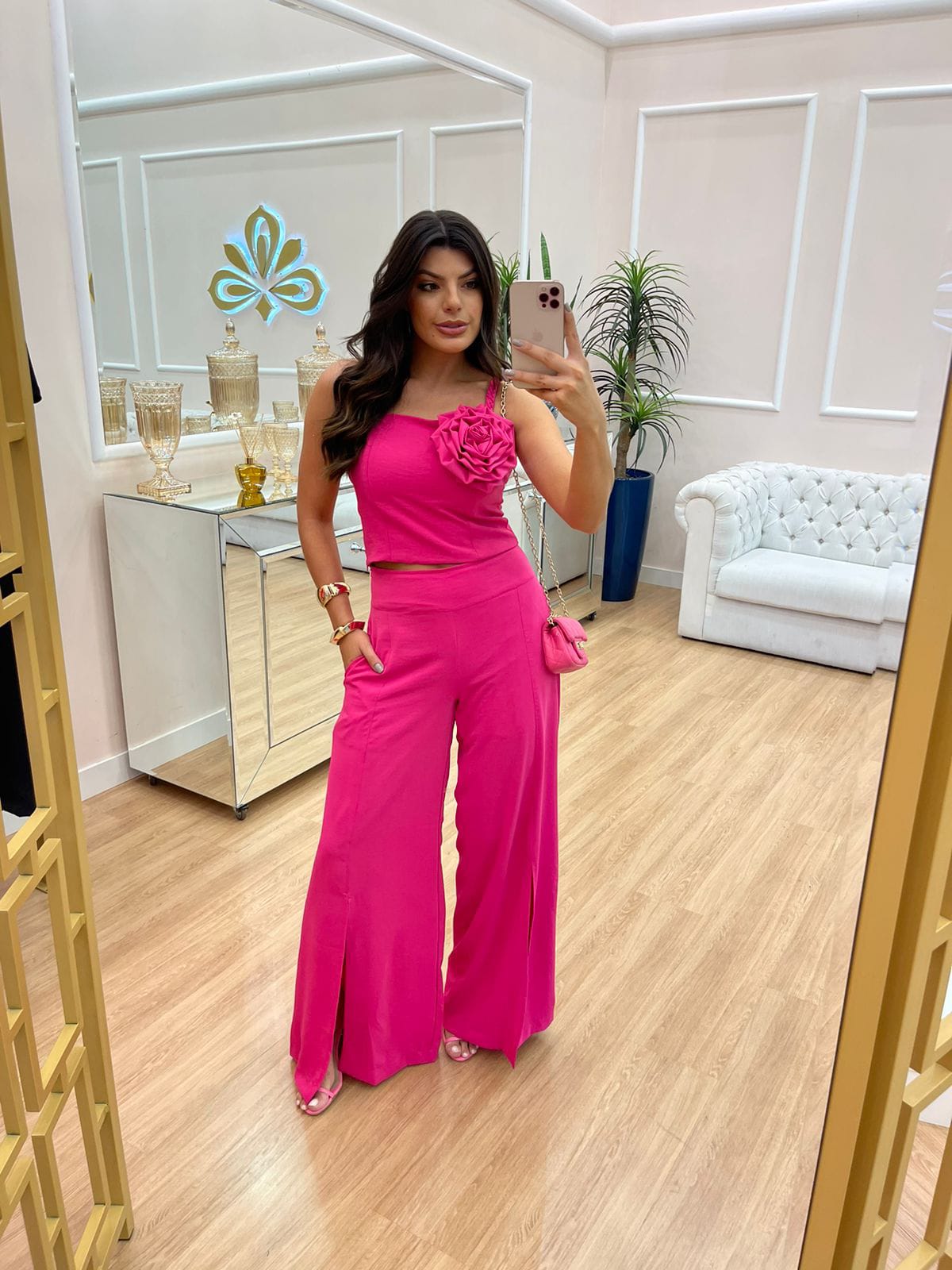 Calça Pantalona Abertura Frente Pink Cora Canela