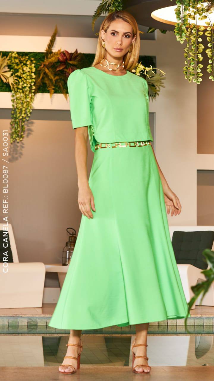 Saia Nesgas Midi Fake Tencel Verde Cora Canela