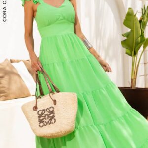 Vestido Alça 3 Camadas Verde Cora Canela