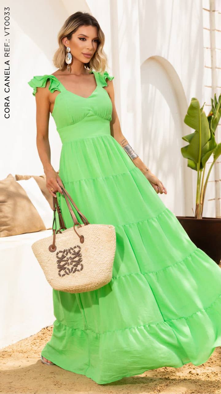 Vestido Alça 3 Camadas Verde Cora Canela