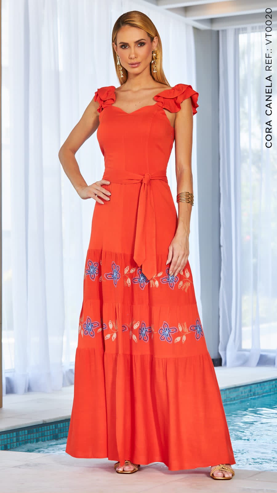 Vestido Bordado Alça Jabour Laranja Cora Canela