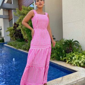 Vestido Longo Fluido em Listras Rosa Mamorena