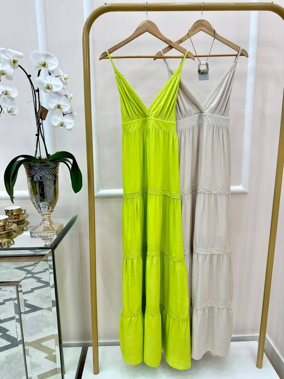 Vestido Longo com Alças e Entremeios Lima Cora Canela
