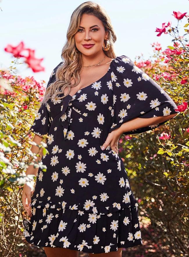 Vestido Plus Size Estampado Preto Marilene Savannah