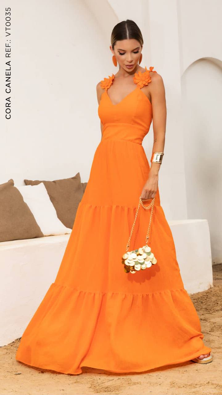 Vestido com Flores Alça Tangerina Cora Canela