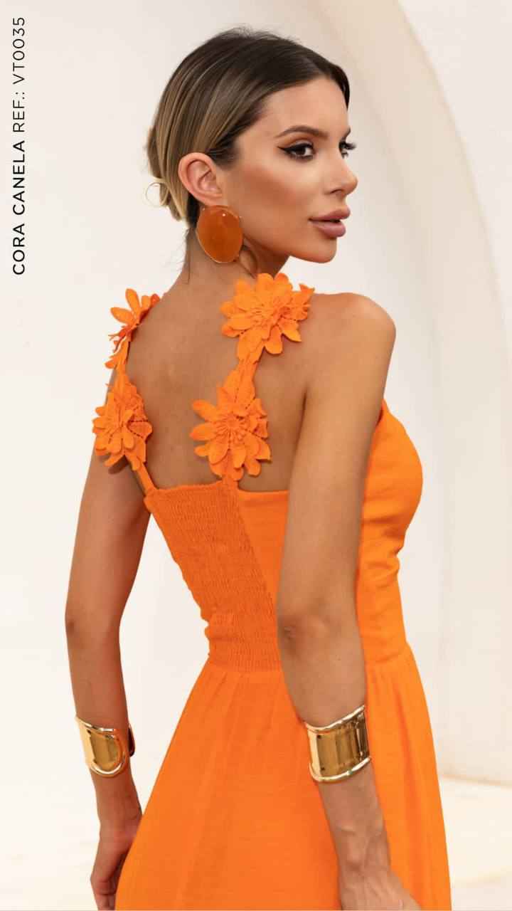 Vestido com Flores Alça Tangerina Cora Canela - Imagem 3