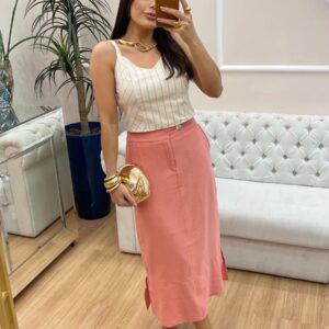 Saia Botão Dourado Rosa Cora Canela