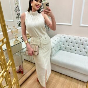Saia Midi Fio Lurex Natural Cora Canela
