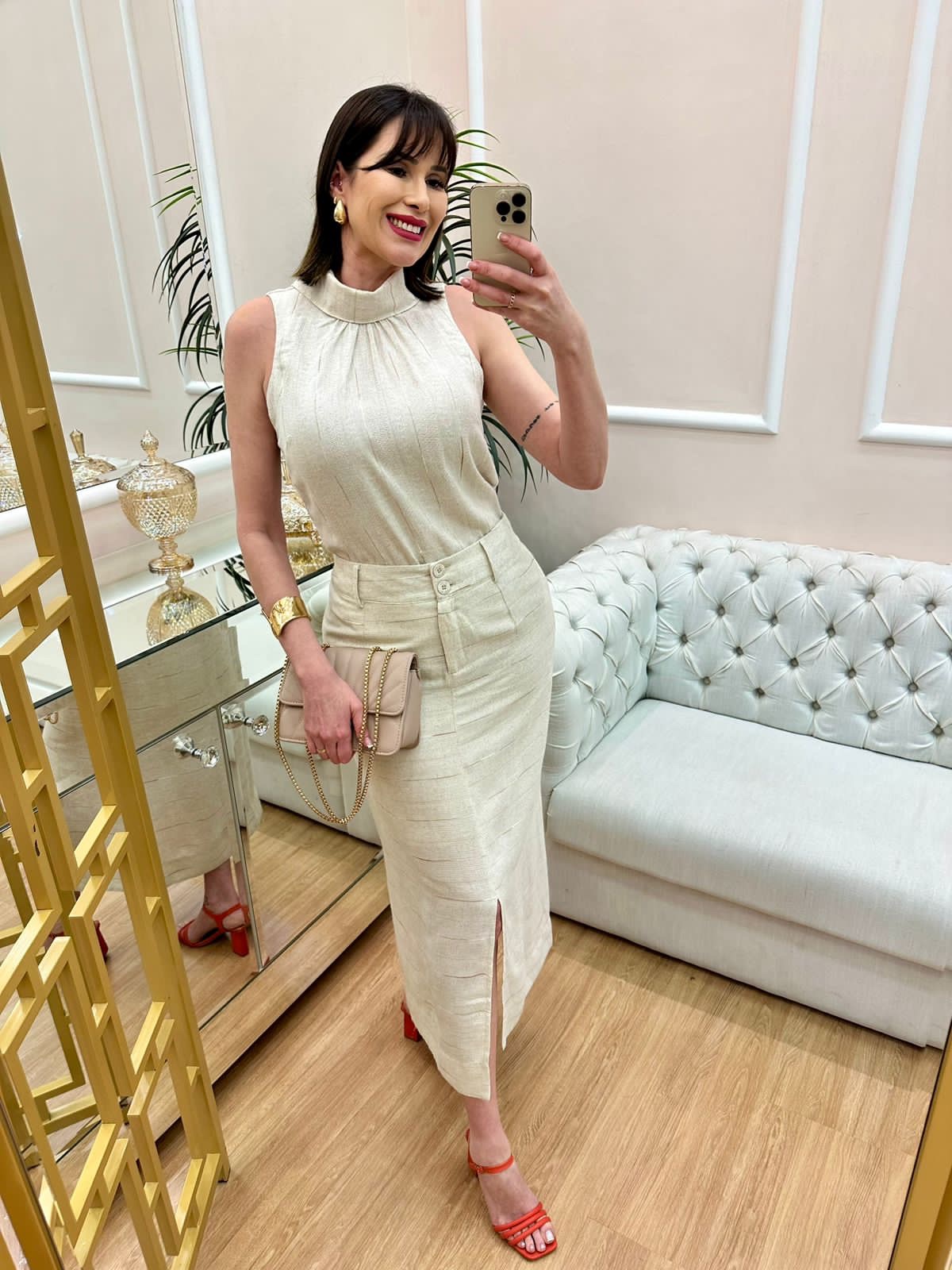 Saia Midi Fio Lurex Natural Cora Canela