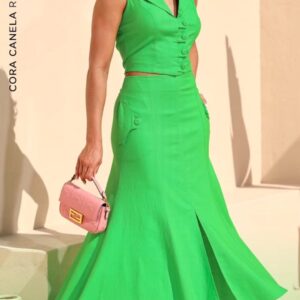 Saia Linho Bolso Verde Cora Canela