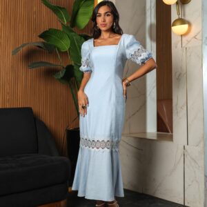 Vestido Midi com Aplicação Azul Claro Magda Occhi