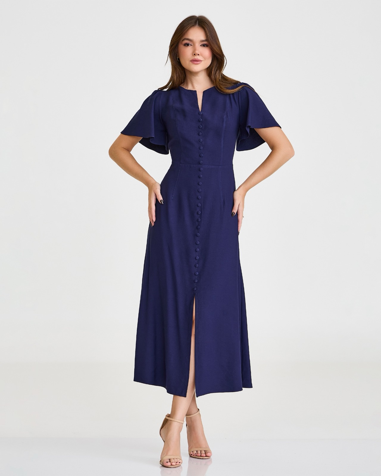Vestido Ana Lúcia Azul Marinho Midi Inicial A