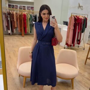 Vestido Ana Carla Midi Azul Marinho Inicial A