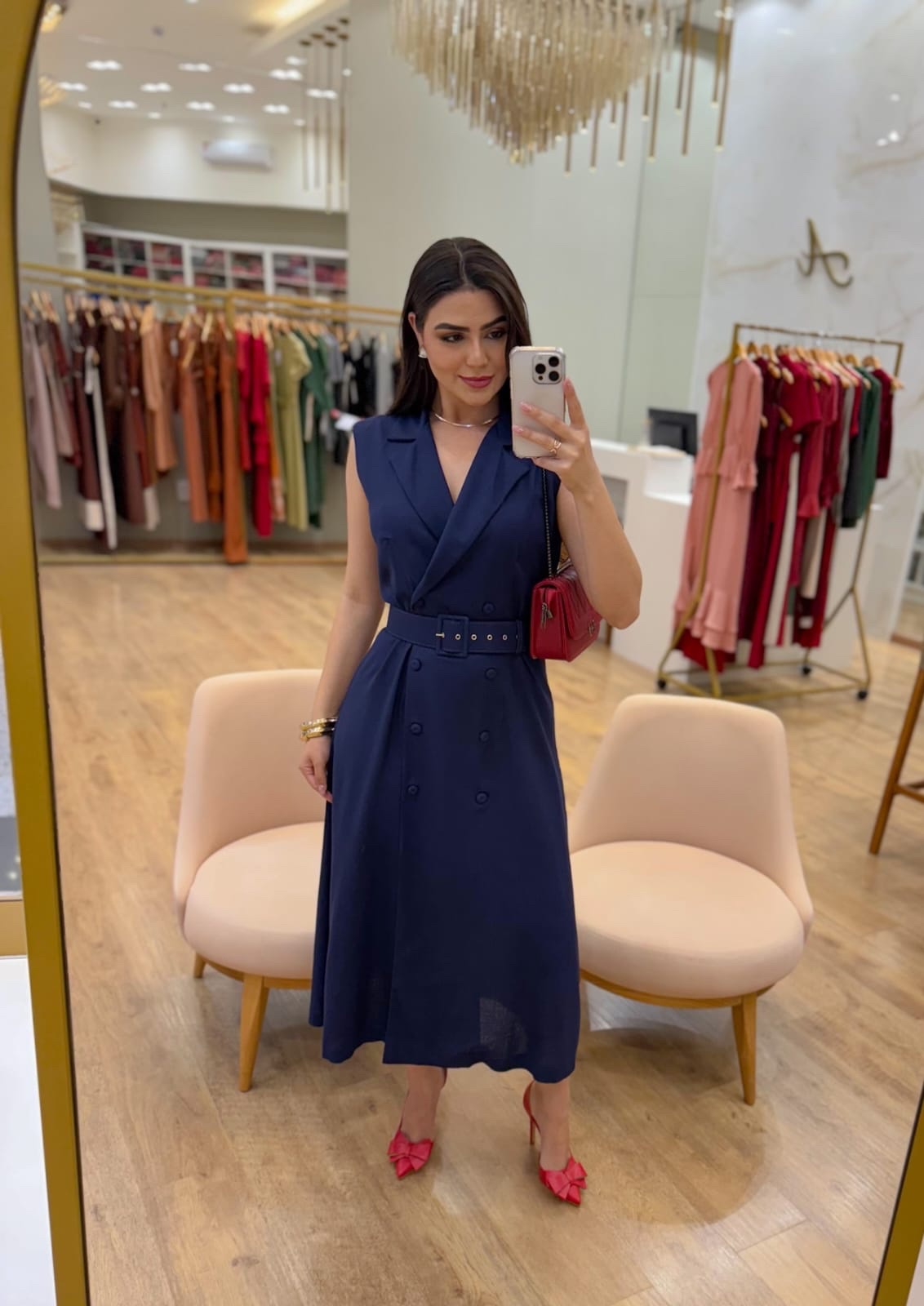 Vestido Ana Carla Midi Azul Marinho Inicial A